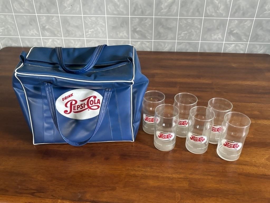 Vintage Pepsi-Cola Advertising Cooler w/ Glasses