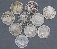 (10) Buffalo Nickels in Circulated Condition.