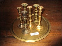 Brass tray with 6 brass candlesticks
