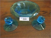Blue console bowl with matching candle sticks