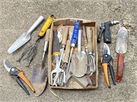 Box of assorted garden hand tools