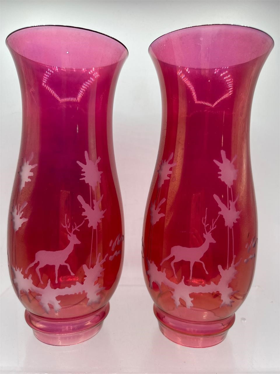 Cranberry etched deer hurricane glass shades