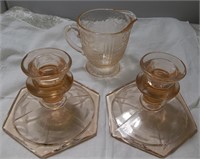 Vtg Pink Depression Glass Candle Holders & Creamer