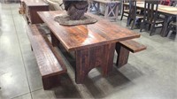 RECLAIMED BARNWOOD PICNIC STYLE DINING TABLE & 2