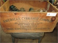 Wooden dynamite box w/insulators and misc