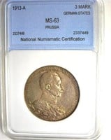 1913-A 3 Mark NNC MS63 Prussia Germany