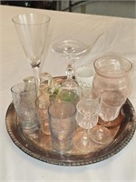 Silver plated Platter of Misc Glasses