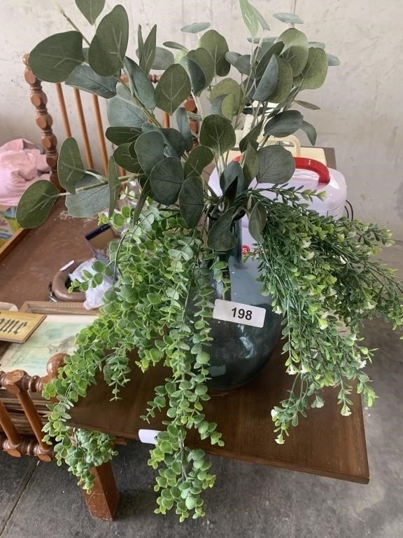 Large Blue Glass Vase w/ Hanging Greenery