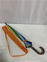 RAINBOW UMBRELLA WITH DAMAGED WOOD HANDLE, 37 X