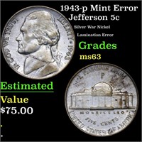 1943-p Jefferson Nickel Mint Error 5c Grades Selec