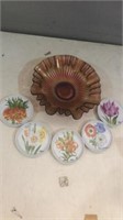 5 German small saucers & carnival bowl