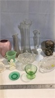 Glass collection, some vintage, vases candy dish,