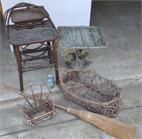 Stick Side Tables, Basket, & Straw Broom