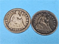 2- 1853  Seated Liberty Silver 1/2 Dimes