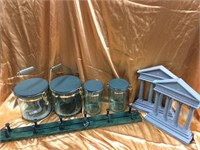 Set of green containers, miniature columns & racks