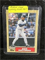 1987 Topps Don Mattingly Error Card Wrong Back