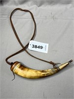 Powder Horn with Strap and Wooden End Cap, Carved