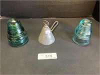 Antique Ice Cream Scoop, 2 Glass Insulators.