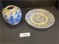 Decorative Ironstone Plate, Japanese Vase.