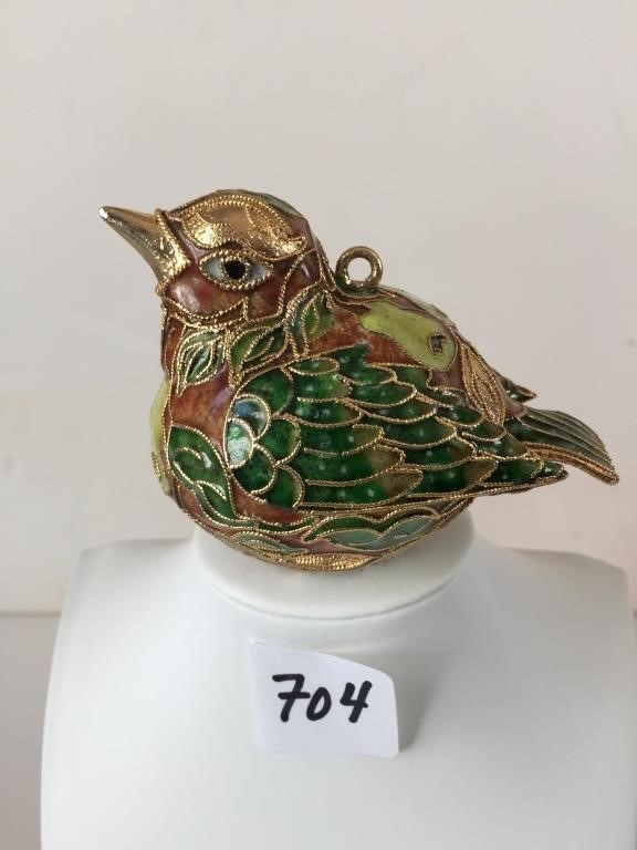 ENAMELED BIRD ORNAMENT GOLD TONE METAL WITH BOX