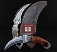 1 Custom Engraved Damascus Knife With Bone Handle