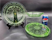 Uranium Green Depression Glass - 2 Plates, Bowl