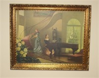 large print in ornate frame of lady at piano A