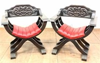Pair Renaissance Savonarola Style Wood Chairs