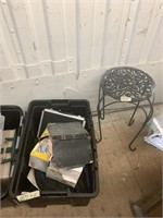 Lot with a vase metal stand ,plastic tote with mis