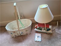 Vintage baby lot--lamp, light switch cover, basket