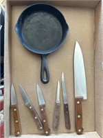 Unmarked Cast Iron Skillet and Kitchen Knives 
-