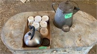 Coffee Cups, Tea Pot, Enamel Ware Pot,