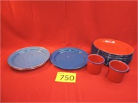 Blue and Red Enamel Plates and Cups