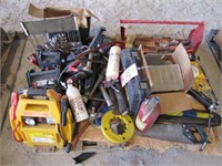 Pallet of misc tools: grease guns, saws,