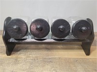 Glass Canisters w/wooden Lids in a Wood Holder