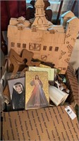 Box lot of religious items, crosses, medals,