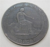 1870 Spanish Diez Centimos Lion Coin
