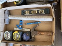 BOX LOT: HAMMERS, TAPE MEASURES, SQUARE, LEVEL