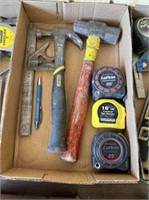 BOX LOT: HAMMERS, TAPE MEASURES, SQUARE