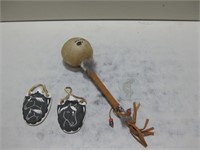 Native American 9.5" Rattle & Two Pottery Pieces
