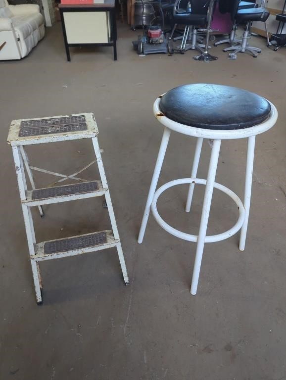 Two Tier Metal Step Ladder and Metal Swivel Stool