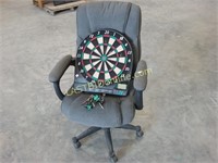 Office chair and Halex dart board.