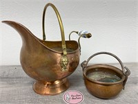 Copper coal scutter and small copper pot