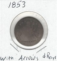 1853 U.S. Silver Seated Liberty Quarter with