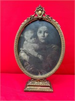 Antique Oval Photo of Girl & Baby in Gilded Frame