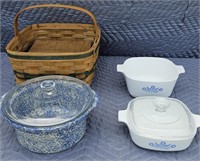 19th Century handmade basket,  Corningware 1qt