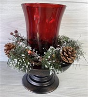 RED GLASS HURRICANE CANDLE HOLDER ON METAL STAND