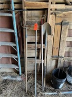 Pitchfork, garden rake, shovel & hoe