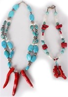 SILVER TURQUOISE CORAL PEARL NECKLACES - LOT OF 2