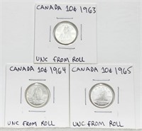 1963 1964 1965 Silver Canada 10 Cents Silver UNC